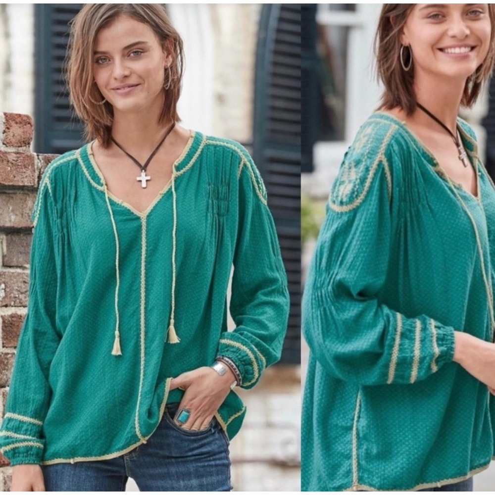 SUNDANCE Spring Meadows‎ Boho Relaxed Fit Peasant Festival Top Teal Size XS